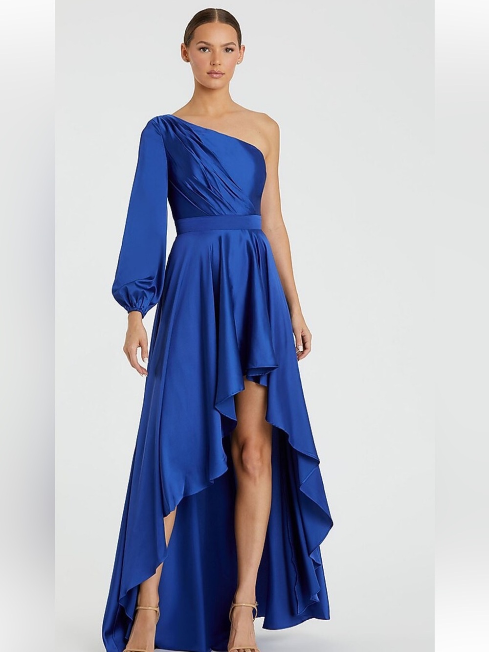Mac Duggal One-Shoulder Royal Blue High-Low Satin Gown